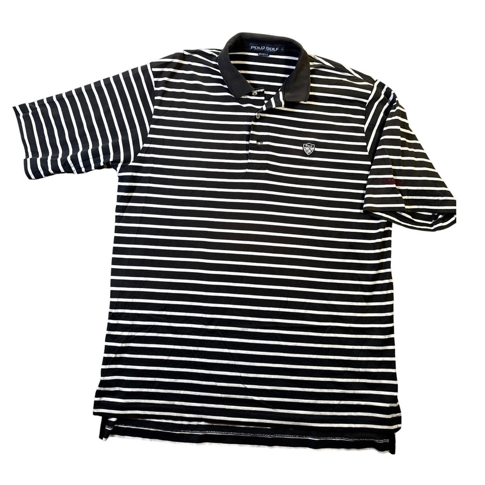 Polo Ralph Lauren Golf Shirt Mens L Black White Striped Firestone CC Excellent